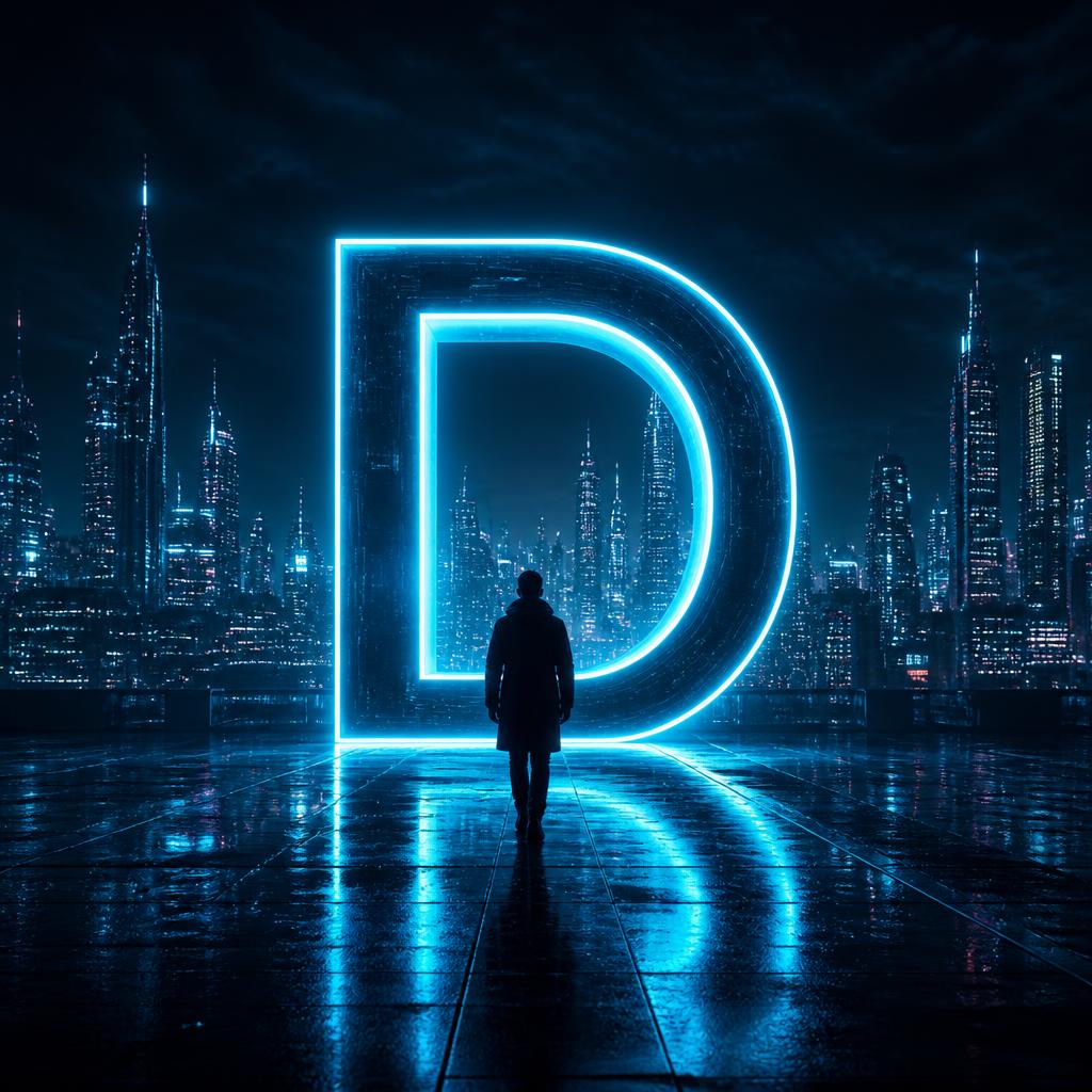 Glowing cyan portal with a silhouetted figure in a futuristic city
